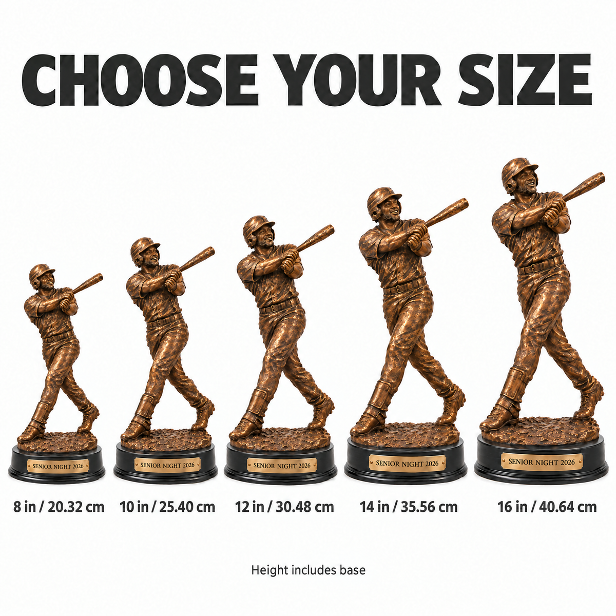 Bronze-style baseball trophy size chart